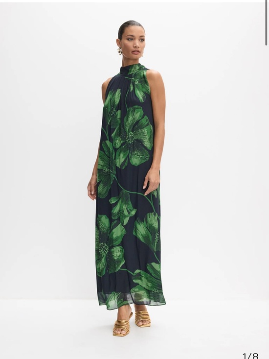 Melanie Lyne Dresses & Skirts - Sleeveless High-Neck Navy Maxi Dress with Green Floral Print